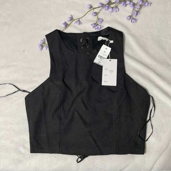 NWT $108 LF x Faith in Love Lace Up Back High Neck Crop Top Black [ SZ 8 ] #3912 - Picture 1 of 9